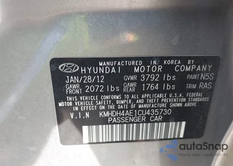 2012 Hyundai Elantra Limited (Ulsan Plant) z USA, uszkodzony, nr VIN KMHDH4AE1CU435730